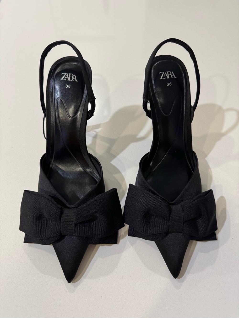 Zara Black Slingback Heels Size 36 Bow Pointed Toe Kitten Heel Sandals